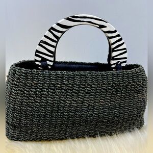 Black Woven Raffia Handbag with Zebra Stripe Print Hand Painted Wood Handles